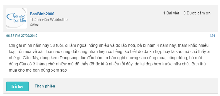 đánh giá kem trị nám dongsung trên webtretho